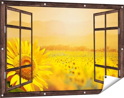 Gards Tuinposter Doorkijk Zonnebloemen Veld met Zonopkomst - 120x80 cm - Tuindoek - Tuindecoratie - Wanddecoratie buiten - Tuinschilderij