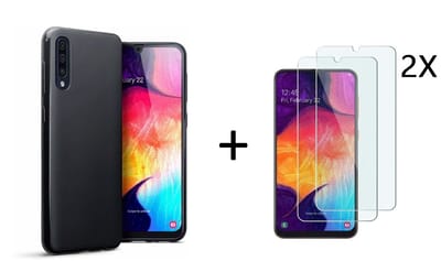 Ntech Hoesje Silicone Hoesje Flexible & Scratch Resistent TPU Case Hoesje Geschikt Voor Samsung Galaxy A50 - Zwart + 2 Stuks Glazen Screenprotector