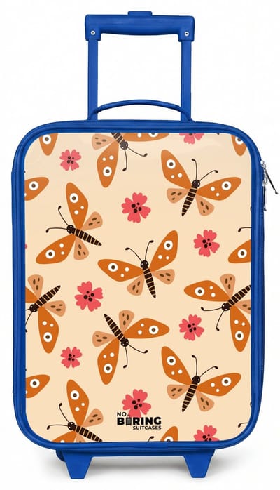 NoBoringSuitcases.com® - Kinderkoffer blauw - Kindertrolley jongen - Oranje vlinders en roze bloemen op beige achtergrond - Koffer kind lichtgewicht - Reiskoffer trolley voor kinderen - Koffertje met lichtgevende wieltjes - Rolkoffer