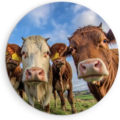 Saammp Muurcirkel Hout - Koeien van dichtbij in de wei - Dieren - Natuur - Ø 90 - Wandcirkel - Wanddecoratie Cirkel - Muurdecoratie Woonkamer - Slaapkamer decoratie - Rond Schilderij