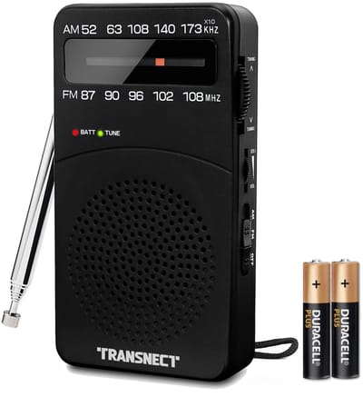 Transnect® - Draagbare Noodradio - Zwart - AM/FM - Op Batterijen - Koptelefoonaansluiting - Draagbare Radio - Wereldradio - Noodpakket Must Have - Zakradio - Voor Rampen - Kleine - Transistor Radio - Telescopische Antenne