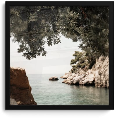 Poster in lijst - Fotolijst 40x40 cm - Posters - Rotsen - Zee - Boom - Groen - Posterlijst zwart - Decoratie - Wanddecoratie woonkamer - Muurdecoratie slaapkamer