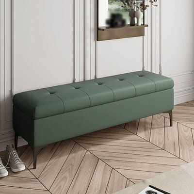 Gestoffeerde Opbergbank Met Gecapitonneerde Zitting, Voetensteun Met Poten, Moderne Ottomane Schoenenbank Voor In De Hal, Voeteneindebank Voor In De Slaapkamer(Blue-green,100 cm)