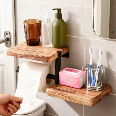 Toiletpapierhouder met Plank - Wandgemonteerde Houten Plank voor Toiletrollen - Praktische Badkameroplossing met Opbergruimte
