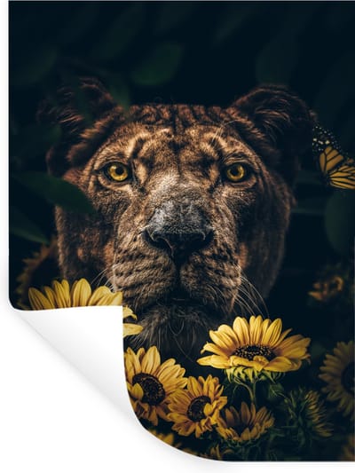 Muurstickers - Sticker Folie - Leeuw - Bloemen - Dieren - Botanisch - 30x40 cm - Plakfolie - Muurstickers Kinderkamer - Zelfklevend Behang - Zelfklevend behangpapier - Stickerfolie