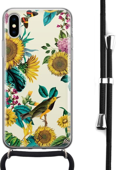 Casimoda® hoesje met koord - Geschikt voor iPhone Xs - Zonnebloemen / Bloemen - Afneembaar koord - Siliconen/TPU - Geel