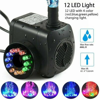 15W waterpomp - 800 liter/uur - 12 LED-lampjes - Waterdichte decoratieve fontein met 1 meter slang.