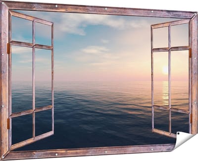 Gards Tuinposter Doorkijk Zee Water tijdens Zonsondergang - 180x120 cm - Tuindoek - Tuindecoratie - Wanddecoratie buiten - Tuinschilderij
