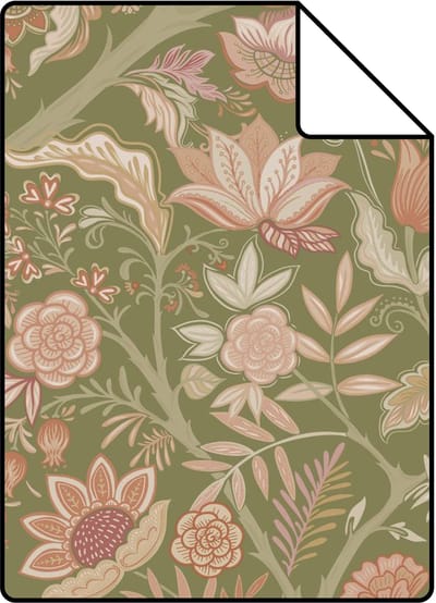 Proefstaal ESTAhome behang vintage bloemen groen en terracotta roze - 26.5 x 21 cm - 131330-S