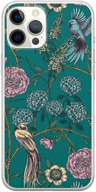 Hoesje geschikt voor iPhone 12 Pro Max - Vogels Japanse bloemen - Soft Case - TPU - Bloemen - Blauw - Mooie Telefoonhoesjes