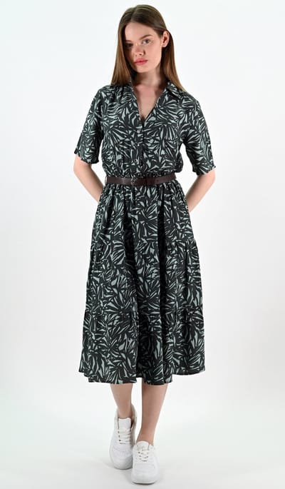 YesMooi - Midi Blousejurk met Bladprint en Ceintuur - S (36) - Donkergroen