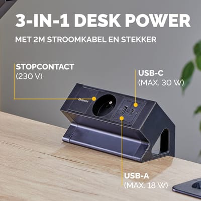 Fellowes contactdoos Power Desk type E | 1 stopcontact + 1 x USB-A + 1 x USB-C | zwart | voor België