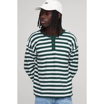 Regular Fit Henley Gestreept Gebreid T-shirt Met Lange Mouwen | Forest | Size XS