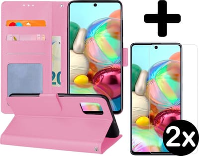 Hoesje - Met 2x Screenprotector - Geschikt voor Samsung Galaxy A71 - Luxe Pasjeshouder - Flip Case - Bookcase Portemonee - Kunstleer Book Case - Flipcase Hoes - Book Cover - Walletcase - Portemonneehoes - Telefoonhoes - Lichtroze