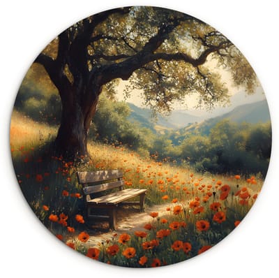 WallCircle® Wandcirkel 120x120 cm - Muurcirkel Bankje - Boom - Klaprozen - Heuvels - Muurdecoratie woonkamer - Wanddecoratie slaapkamer - Kamer decoratie accessoires - Ronde schilderijen XXL