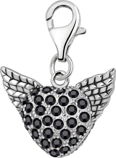 Quiges – 925 - Zilver – Charm - Bedel - Hanger - 3D Hart met Vleugels en Zwarte Zirkonia - met – sterling - zilver - karabijnslot - geschikt - voor - Bedelarmband HC363