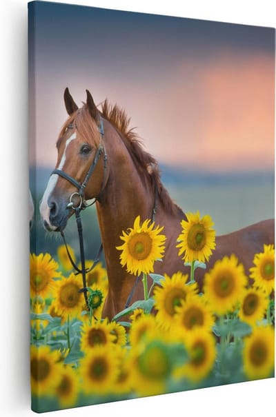 Artaza Canvas Schilderij Paard - 80x100 cm - Groot - Wanddecoratie Zonnebloemen - Muurdecoratie Bloemenveld - Schilderijen Op Canvas Dieren