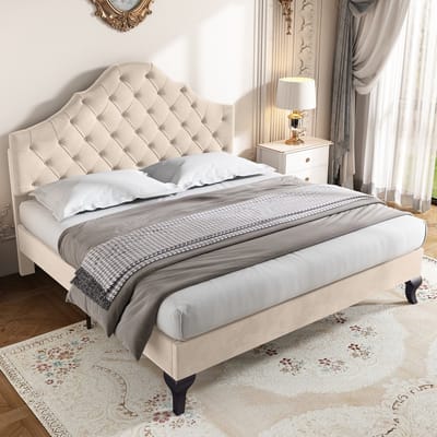 MEUNIQ gestoffeerd bed 140x190 cm met houten lattenbodem, verstelbaar hoofdbord, velours bedframe voor slaapkamer, tweepersoonsbed in crème