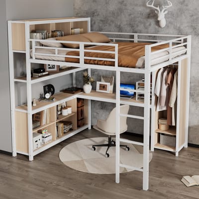 PHOEBE CAT Hoogslaper - 140x200cm - met Bureau - Opbergruimte - Kledingkast - IIjzer + Spaanplaat - Wit