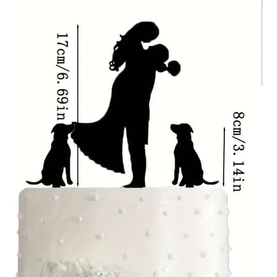 2 Stuks Bruidstaarttopper - Bruid houdt Bruidegom vast met Bloemen daarnaast Honden Silhouet Taartdecoratie (Zwart) 1 set gray