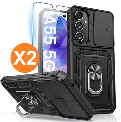 Hoesje Geschikt voor Samsung Galaxy A55 hoesje backcover Zwart met Met Draaibare Ring Houder en camera bescherming - Galaxy A55 Screenprotector - 2 stuks