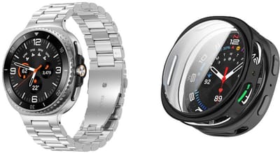 Strap-it Stalen schakel band Zilver + Soft case hoesje TPU Zwart – geschikt voor Samsung Galaxy Watch 8 44mm – luxe & optimale bescherming