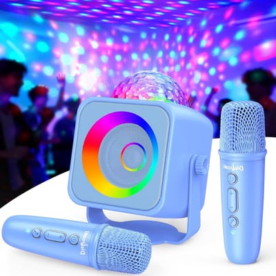 Karaoke Machine - Zing Apparaat - Muziek Feest - Twee Microfoons - 14 x 14 x 9.5 cm - Blauw