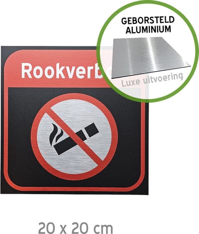 Pictogram/ bord Dibond geborsteld | "Rookverbod" | 20 x 20 cm | Blinkend effect | Verboden te roken | Rookvrij gebouw | Verbod | Zwart | 1 stuk