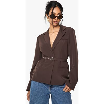 boohoo Dames Belted Relaxed Fit Blazer | Chocoladebruin | Maat: 44