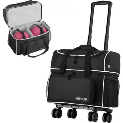 VEVOR Bowlingbaltas voor 2 ballen met vier wielen en apart compartiment voor schoenen (tot Amerikaanse maat 16) en extra groot accessoirevak, uitschuifbare handgreep die uitschuift tot 95 cm Zwart