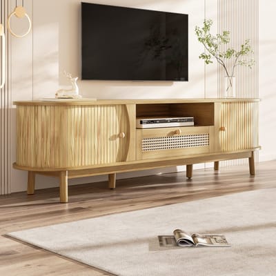 REDOM TV-meubel 165x37x46 cm van MDF, rattan lades en schuifdeur, landelijk, massief houten poten