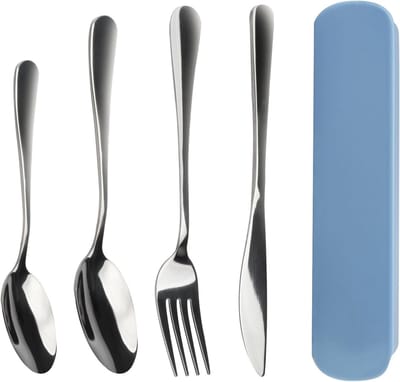 Reisbestek Set met 4 Stukken, Inclusief Mes, Vork en 2 Lepels - Roestvrijstalen, Herbruikbaar en Vaatwasserbestendig voor Kamperen, School en Picknicks