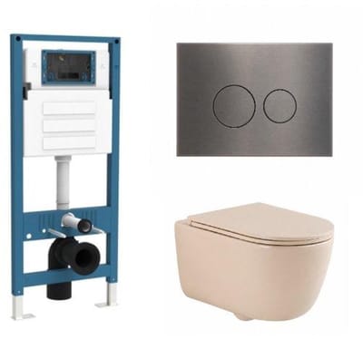 QeramiQ Dely Swirl Toiletset - inbouwreservoir Qeramiq Flush - slim zitting - metaal gunmetal bedieningsplaat - ronde knoppen - beige