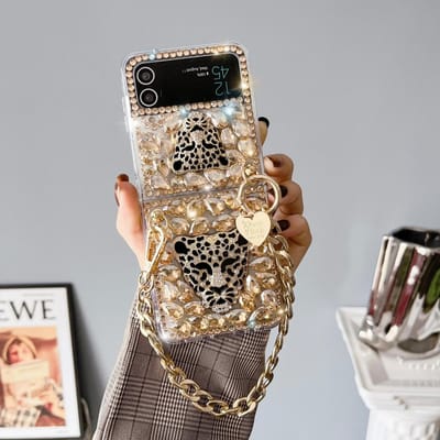 Modieuze Anti-Kras Telefoonhoes Cover met Metalen Handketting voor Samsung Galaxy Z Flip 5 6 4 3 2 - Bling Diamant Luipaardkop For Galaxy Z Flip 4