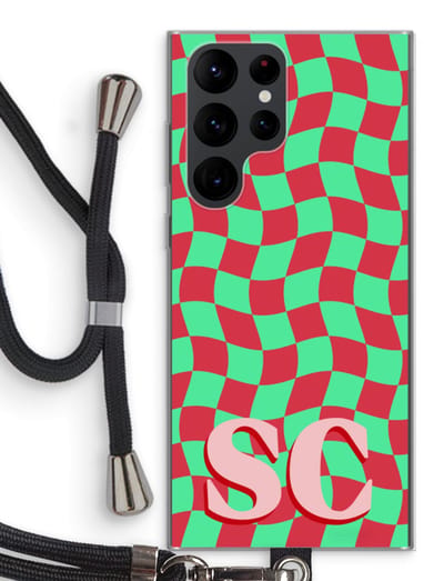 Gepersonaliseerd - Case Company® - Hoesje met koord geschikt voor Samsung Galaxy S22 Ultra hoesje met Koord - Grid Monogram - Telefoonhoesje met Zwart Koord - Bescherming aan alle Kanten en Over de Schermrand
