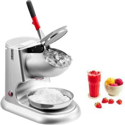 VEVOR Commerciële ijscrusher 100 kg per uur, elektrische sneeuwkegelmachine met 4 messen, roestvrijstalen ijscrusher met kom en deksel 300 W 2000 tpm, ijsschaafmachine zilver