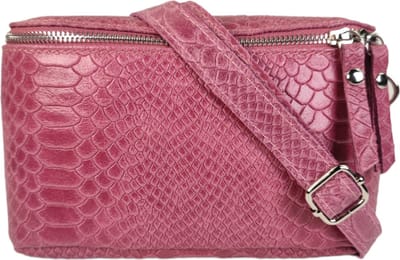 Qischa® - Crossbody fashion heuptas/bumbag - zacht leder - fuschia croq - zilveren ritssluiting
