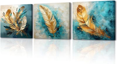 Abstracte Muurkunst - Canvas Poster Set - Woonkamer Decoratie - Ingelijst Hout Frame - 3X 30x30CM - Goud Veer