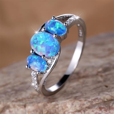 Blauwe Vuur Opale Drie Stenen Ring Schattige Ovale Geboortesteen Verlovingsringen Voor Vrouwen Vintage Charme Kleur Trouwringen Sieraden 7 blue