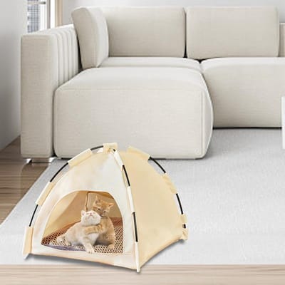 Huisdier Teepee Tent - Hok Kat Hond - Buiten Ontspannen - Waterdicht Oxford Materiaal - 42x42x38cm - Beige