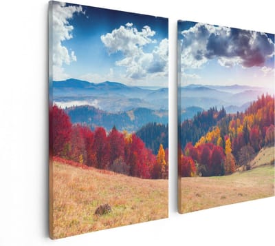 Artaza Canvas Schilderij Tweeluik Kleurrijke Herfstbos Met Heuvellandschap - 80x60 - Foto Op Canvas - Canvas Print