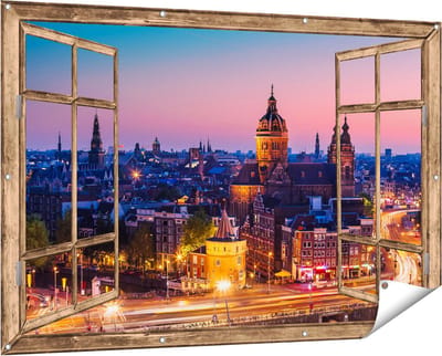Gards Tuinposter Doorkijk Amsterdam Skyline bij Zonsondergang - 150x100 cm - Tuindoek - Tuindecoratie - Wanddecoratie buiten - Tuinschilderij