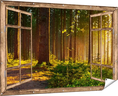 Gards Tuinposter Doorkijk Bos met Zon tussen de Bomen - 180x120 cm - Tuindoek - Tuindecoratie - Wanddecoratie buiten - Tuinschilderij
