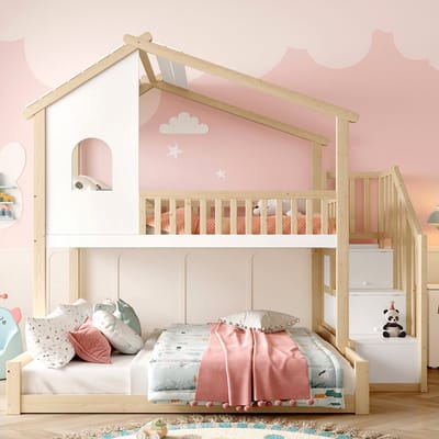 Pugsdrly Stapelbed, 90x200 cm+140x200 cm, bedhek, opbergladder, raam, sierlijst, naturel+ wit