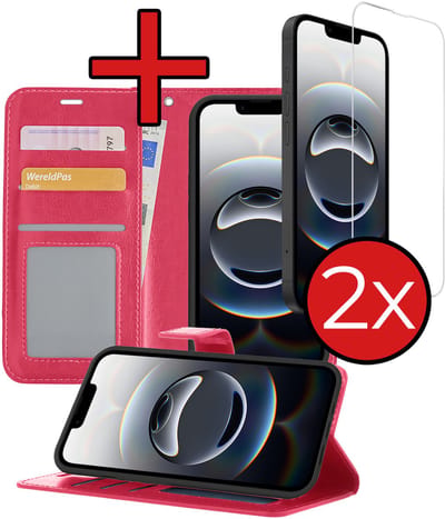 Hoesje - Met 2x Screenprotector - Geschikt voor Apple iPhone 16e / 17e - Luxe Pasjeshouder - Flip Case - Bookcase Portemonee - Kunstleer Book Case - Flipcase Hoes - Book Cover - Walletcase - Portemonneehoes - Telefoonhoes - Donkerroze
