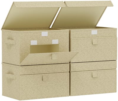 opbergtas met deksel voor en boven, stoffen opbergdoos met handvat, geschikt voor slaapkamer, woonkamer, 4 stuks, 33 x 23 x 20 cm, grijs en beige