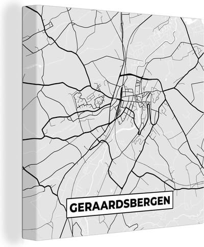 Canvas Schilderij Stadskaart – Plattegrond – België – Zwart Wit – Geraardsbergen – Kaart - 20x20 cm - Wanddecoratie