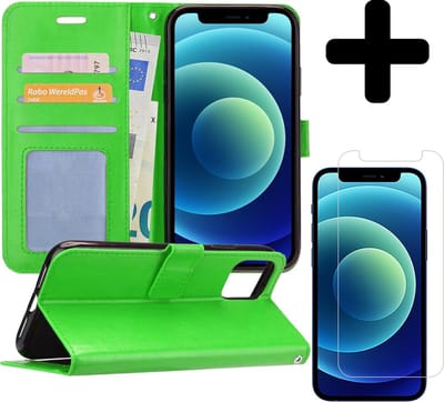 Hoesje - Met Screenprotector - Geschikt voor Apple iPhone 12 - Luxe Pasjeshouder - Flipcase - Bookcase Portemonee - Flip Case - Kunstleer Book Case - Book Cover - Walletcase - Portemonneehoes - Telefoonhoes - Groen