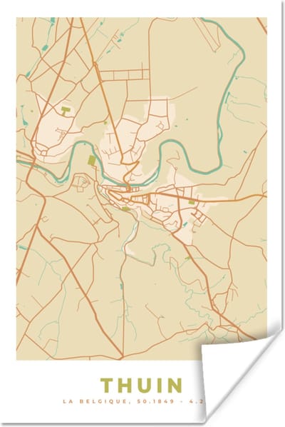Poster Plattegrond - België - Thuin - Stadskaart - Kaart - 120x180 cm XXL