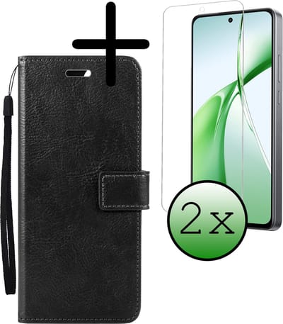 Hoesje Met 2x Screenprotector - Geschikt voor OnePlus Nord CE4 - Luxe Pasjeshouder - Bookcase Portemonee - Flip Case - Kunstleer Book Case - Flipcase Hoes - Book Cover - Walletcase - Portemonneehoes - Zwart